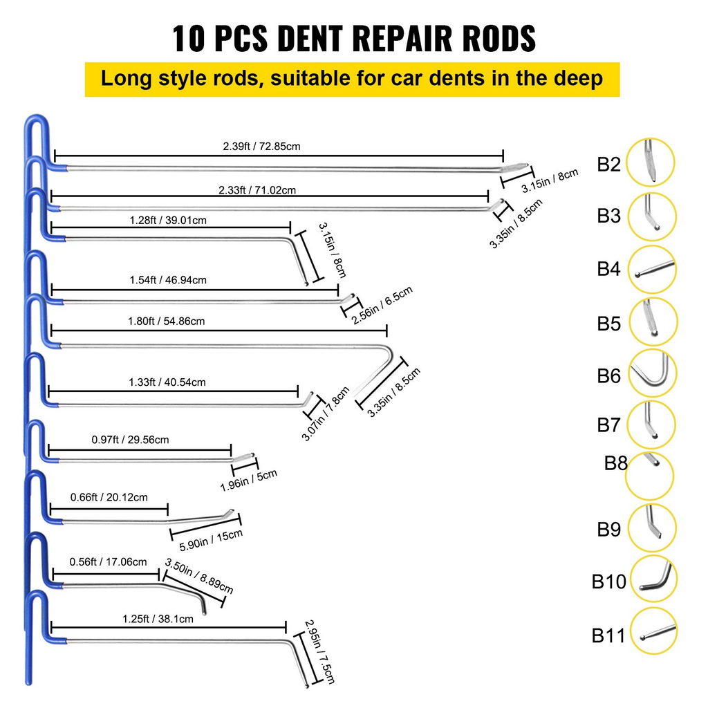 Kit de eliminación de abolladuras VEVOR Rods 20 piezas de varillas de reparación de abolladuras sin pintura