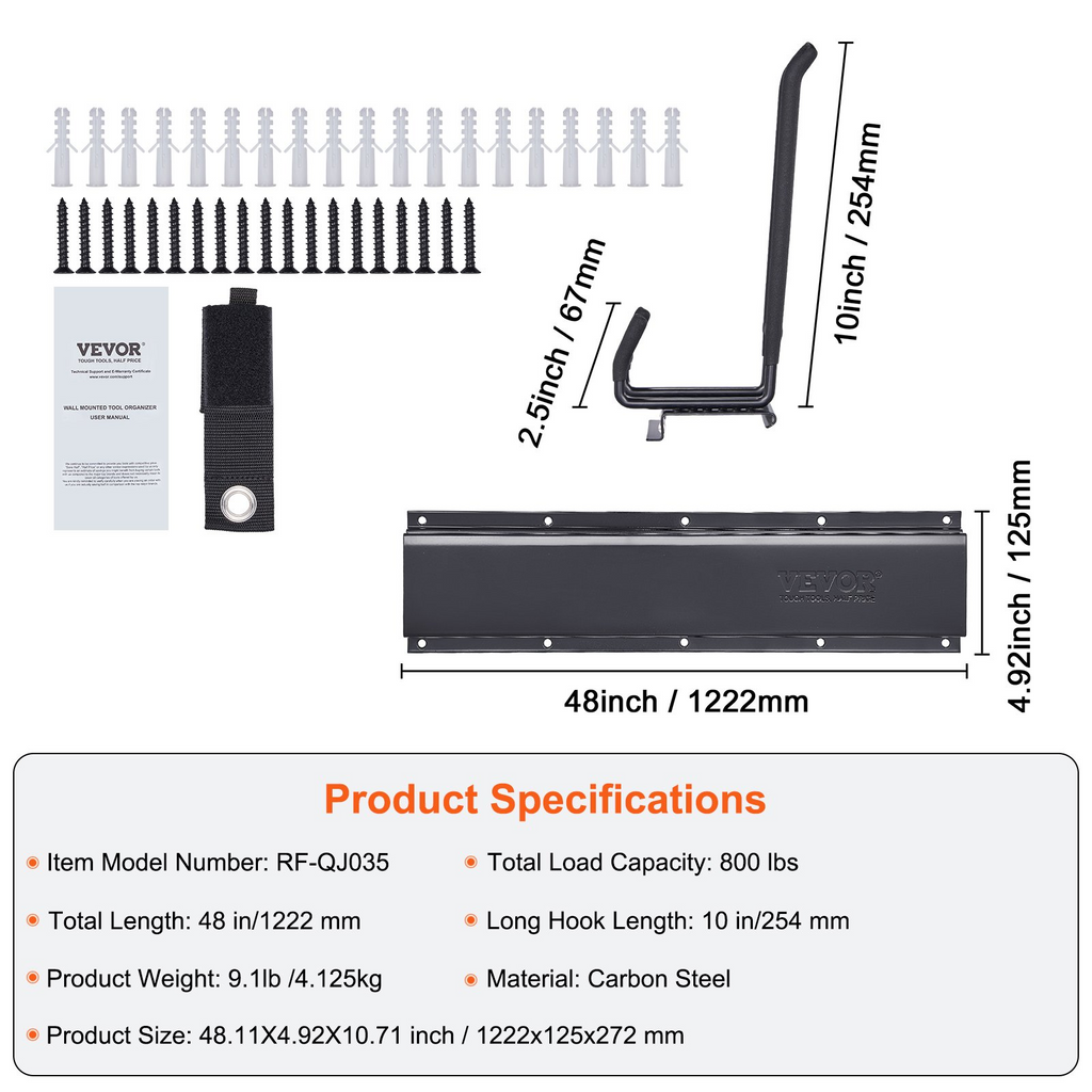 Organizador de garaje VEVOR capacidad máxima 800 lb estante de pared resistente con 6 ganchos ajustables y 3 rieles para herramientas de jardín palas recortadoras y mangueras