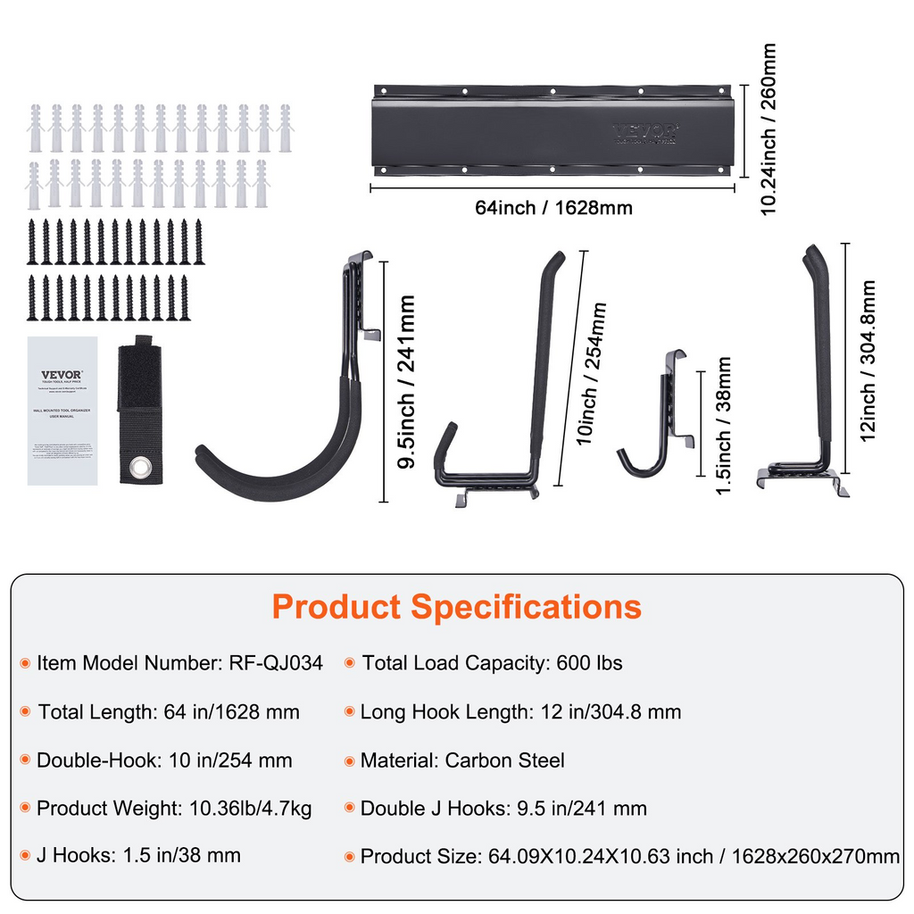 Organizador de herramientas de garaje VEVOR capacidad máxima 600 libras con 10 ganchos ajustables y 4 rieles
