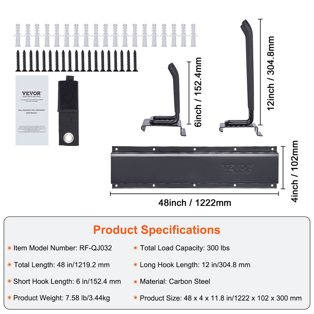 Organizador de herramientas de garaje VEVOR capacidad máxima 300 libras con 6 ganchos ajustables y 3 rieles