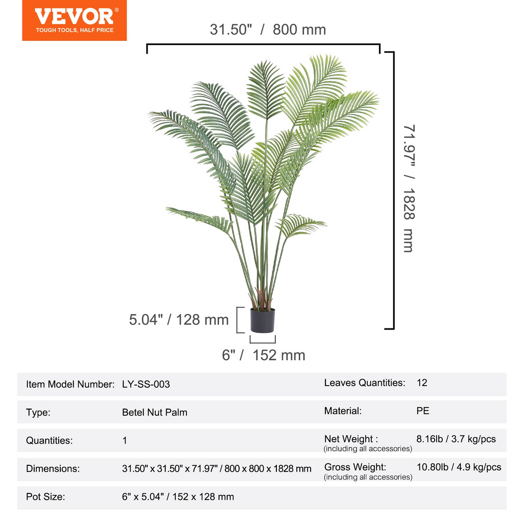 VEVOR Palmera artificial planta artificial de 6 pies de alto