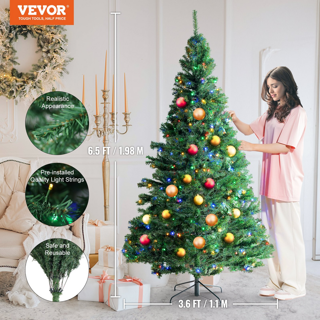 Árbol de Navidad VEVOR artificial preiluminado de 6,5 pies con 450 luces LED multicolor 1227 puntas de ramas