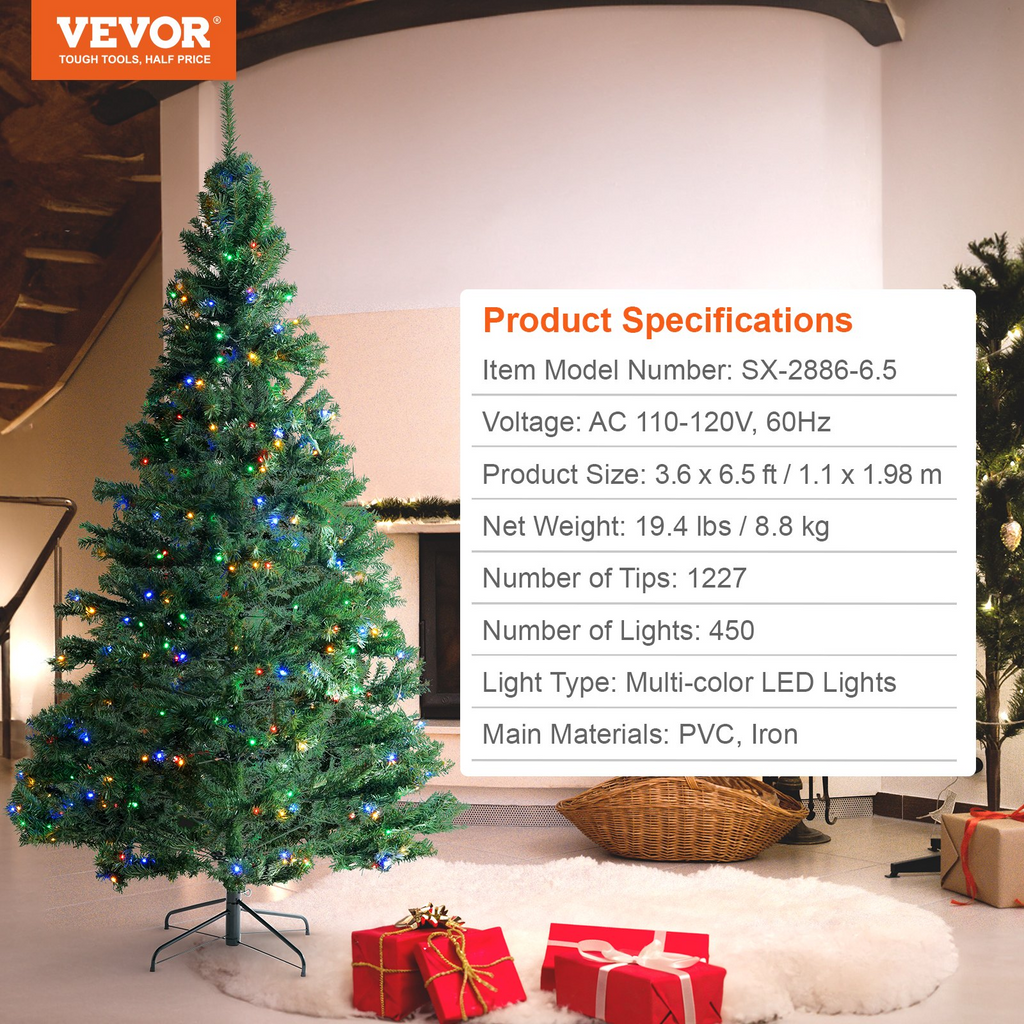 Árbol de Navidad VEVOR artificial preiluminado de 6,5 pies con 450 luces LED multicolor 1227 puntas de ramas