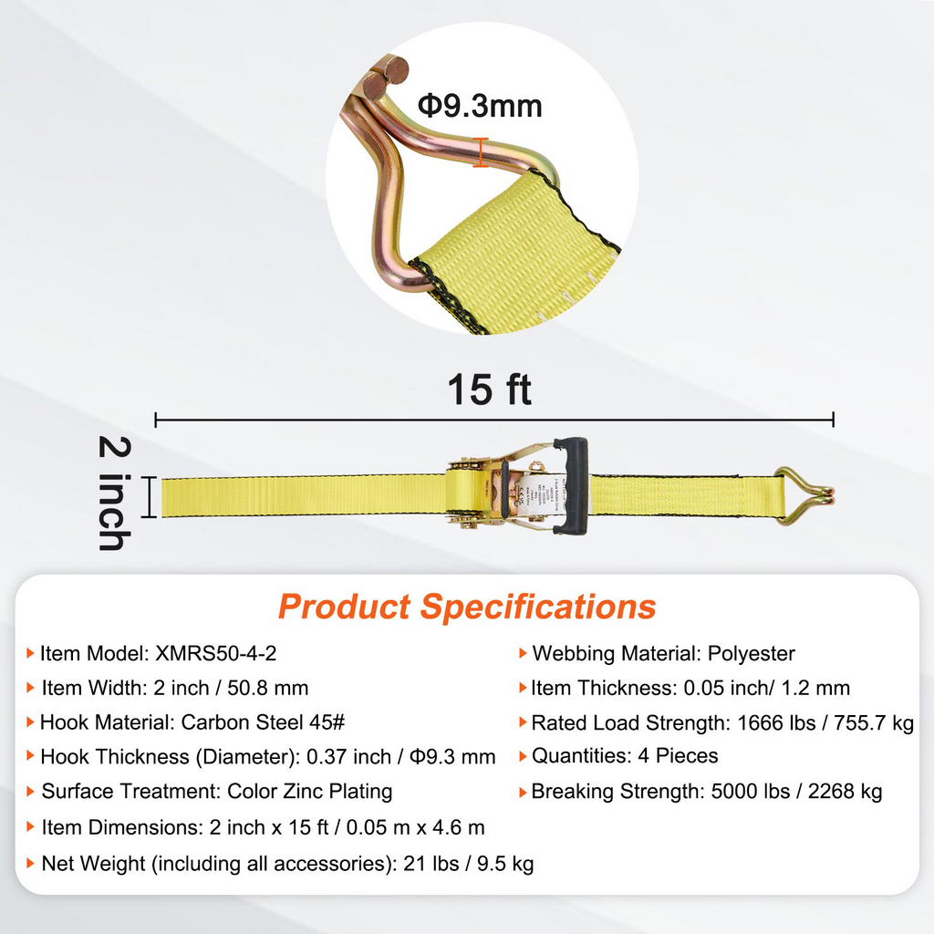 Correas de amarre con trinquete VEVOR (paquete de 4) resistencia a la rotura de 5000 lb Incluye 4 correas de amarre con trinquete de 2" x 15'