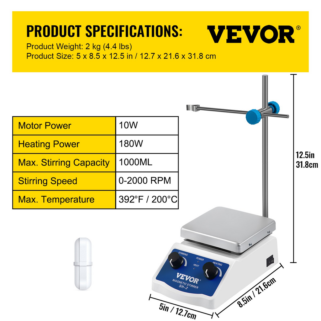 Agitador magnético VEVOR SH-2 0-2000 RPM capacidad 1000 ml con placa calefactora soporte potencia 180 W temperatura máxima 380 °C