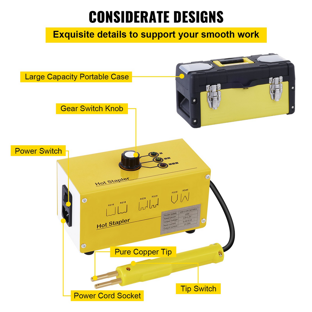 VEVOR Kit de reparación de plástico con grapadora caliente, 600 grapas, caja de herramientas, kit de soldador de plástico de 20 W para reparación de plástico, reparación térmica