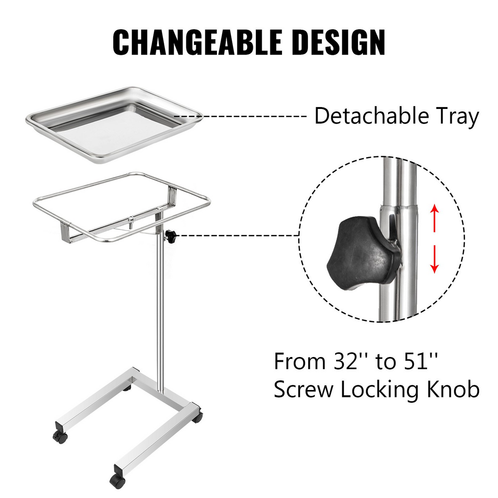 Carrito de laboratorio de acero inoxidable con bandeja Mayo de 18 x 14 pulgadas altura ajustable bandeja para instrumentos de 32" a 51" bandeja extraíble 4 ruedas