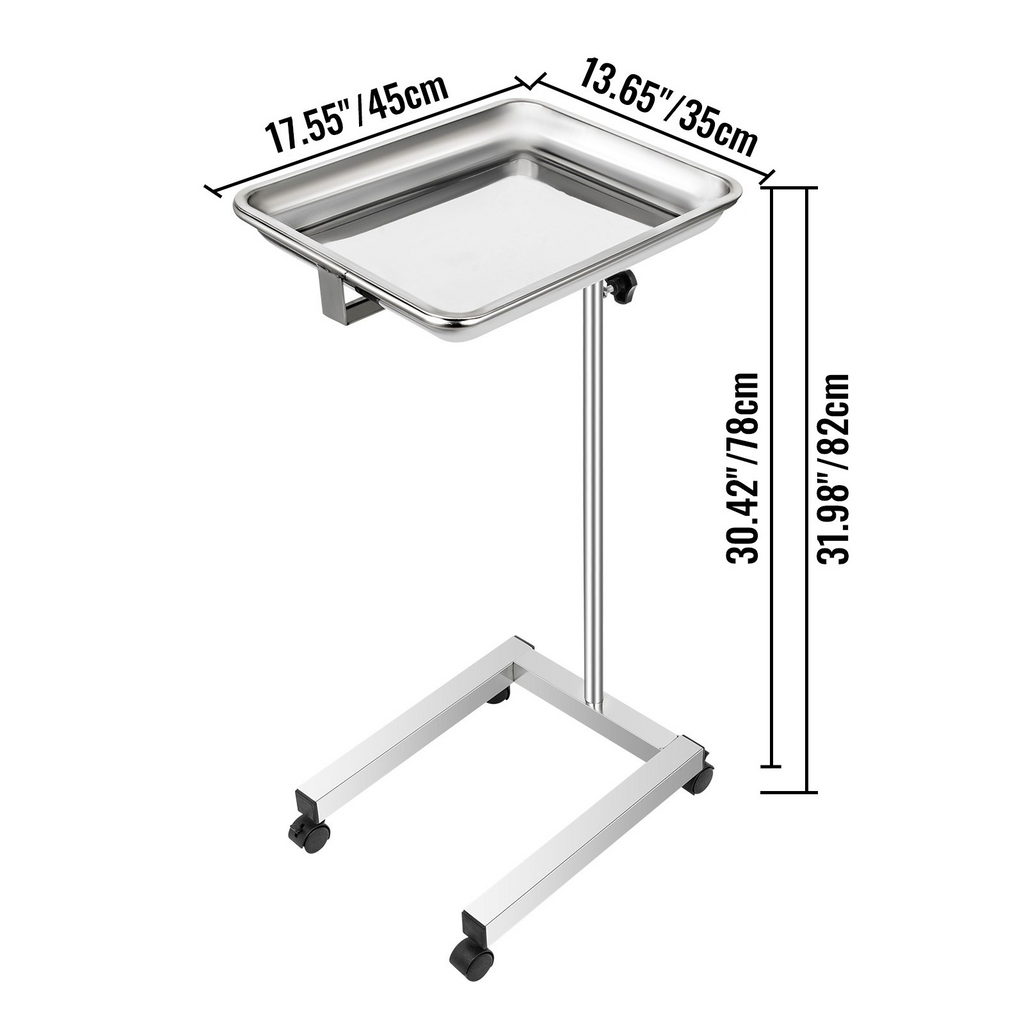 Carrito de laboratorio de acero inoxidable con bandeja Mayo de 18 x 14 pulgadas altura ajustable bandeja para instrumentos de 32" a 51" bandeja extraíble 4 ruedas