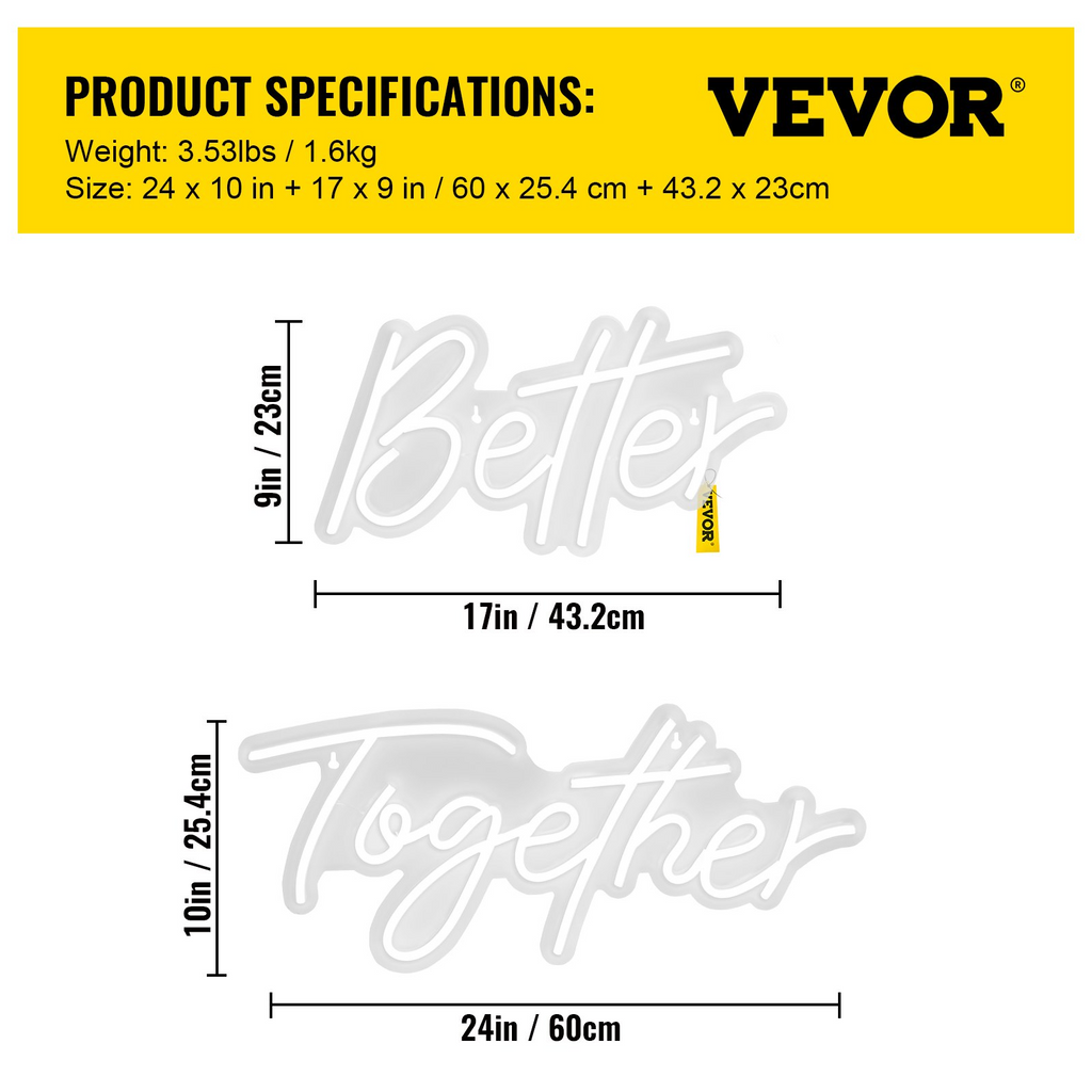 Letrero de neón Better Together de VEVOR 24" x 10" + 17" x 9"  12 V