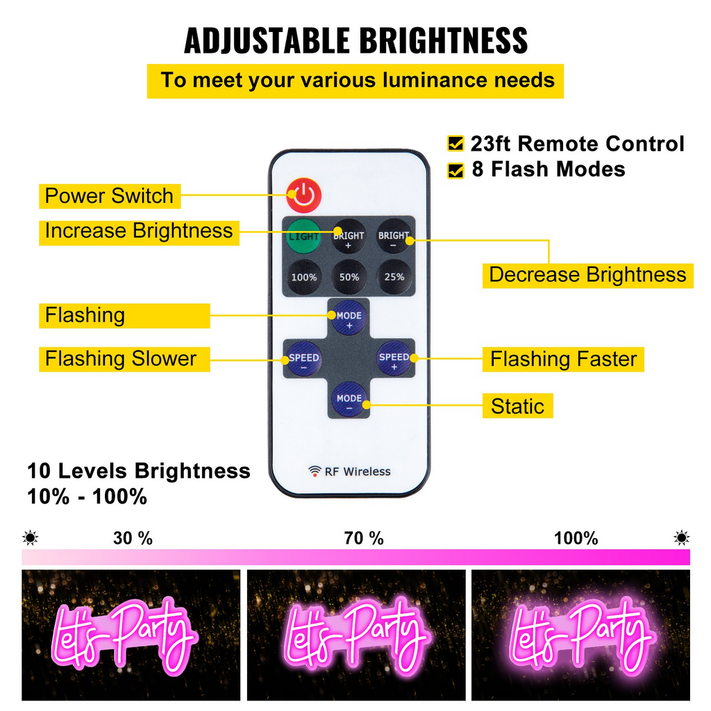Letrero de neón Let's Party de VEVOR 26" x 12" decoración de pared luz de neón rosa con brillo ajustable con control remoto y adaptador de corriente para fiestas y celebraciones