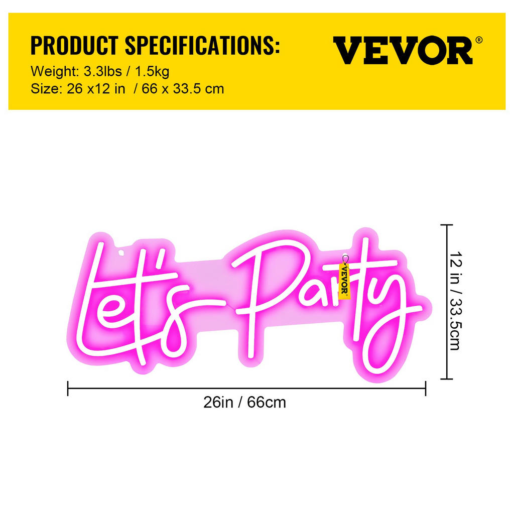 Letrero de neón Let's Party de VEVOR 26" x 12" decoración de pared luz de neón rosa con brillo ajustable con control remoto y adaptador de corriente para fiestas y celebraciones