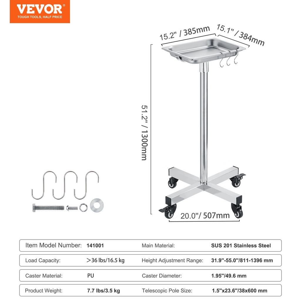 VEVOR Soporte para Mayo Bandeja para Mayo de Acero Inoxidable Capacidad de Carga de hasta 36 lb Altura Ajustable de 31,9" a 55"