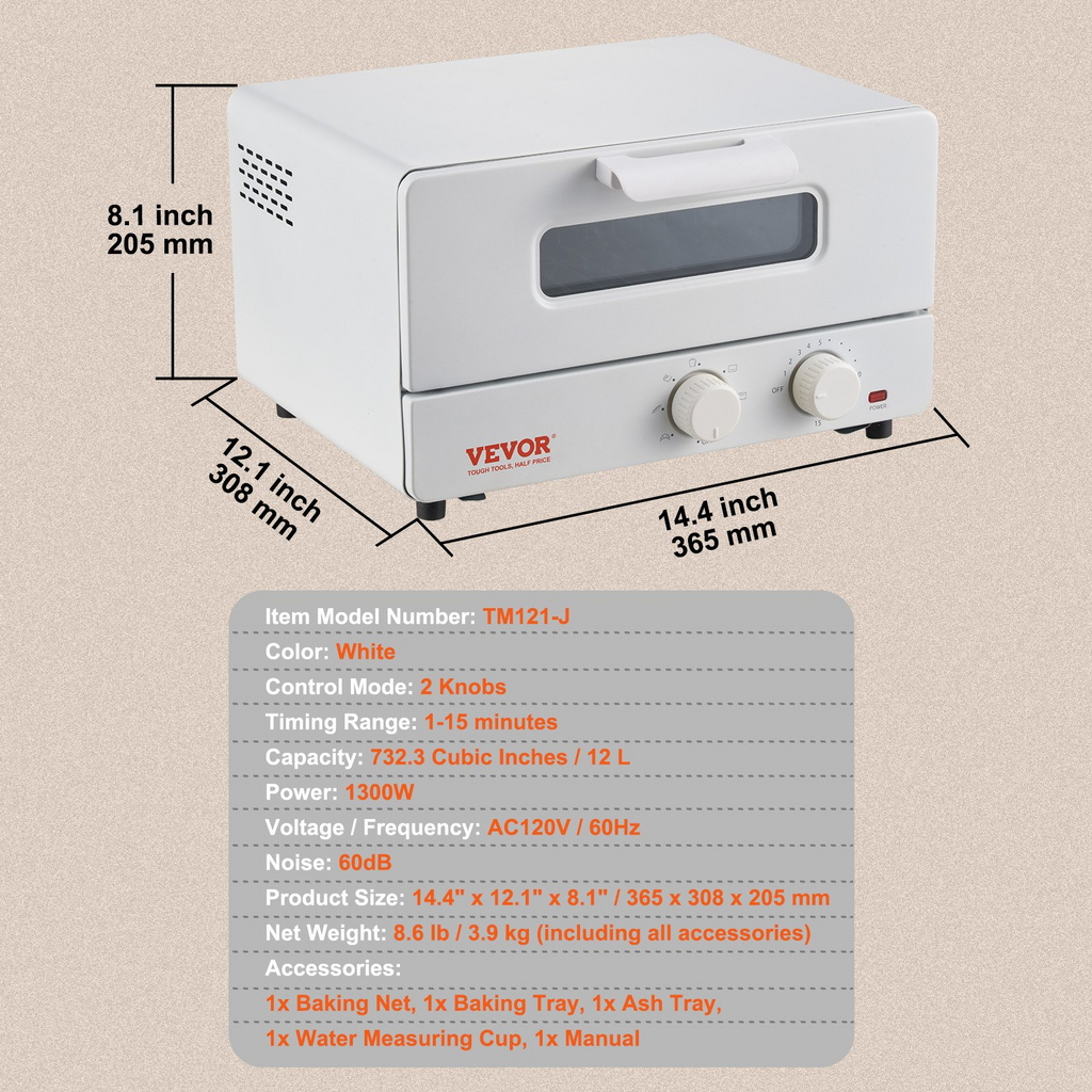 Horno tostador a vapor VEVOR de 12 l 1300 W 5 en 1 con 7 modos de cocción para freír aire hornear y hacer sándwiches