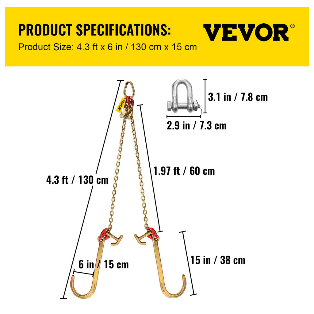 Cadena de remolque con brida en V VEVOR de 5/16 in x 2 ft resistencia a la rotura de 9260 lb con ganchos TJ y ganchos de agarre