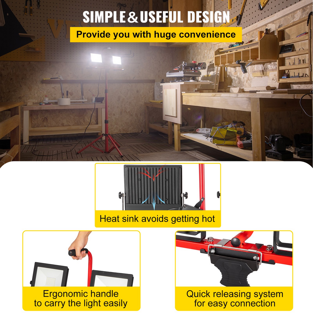 Luz de trabajo LED VEVOR con soporte 2 unidades de luz de trabajo LED de doble cabezal de 10 000 lúmenes con soporte de trípode ajustable y plegable de 27,6" a 68,1"