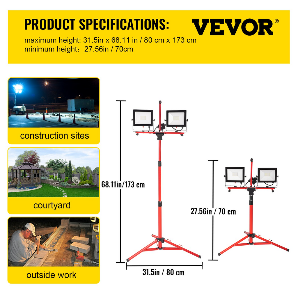 Luz de trabajo LED VEVOR con soporte 2 unidades de luz de trabajo LED de doble cabezal de 10 000 lúmenes con soporte de trípode ajustable y plegable de 27,6" a 68,1"