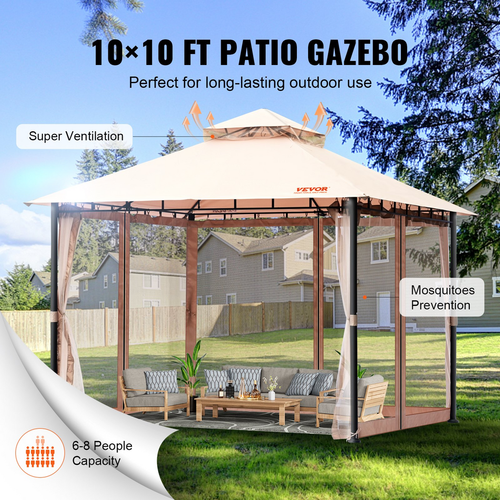 VEVOR Carpa de patio para 6-8 personas 10 x 10 pies con mosquitero estructura de metal y poliéster recubierto de PU de 180 G