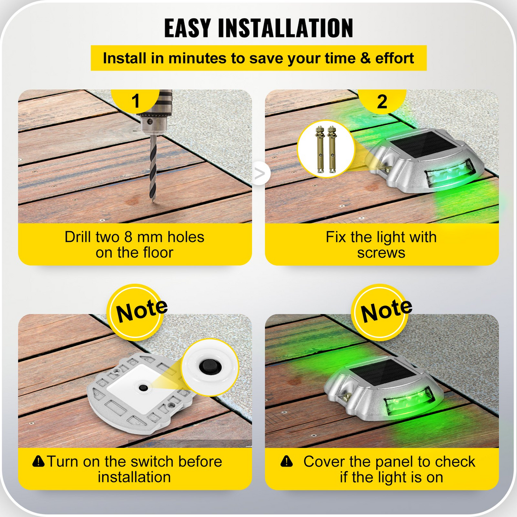 Paquete de 8 luces solares para entrada con botón de interruptor a prueba de agua luces de muelle inalámbricas 6 LED verde brillante