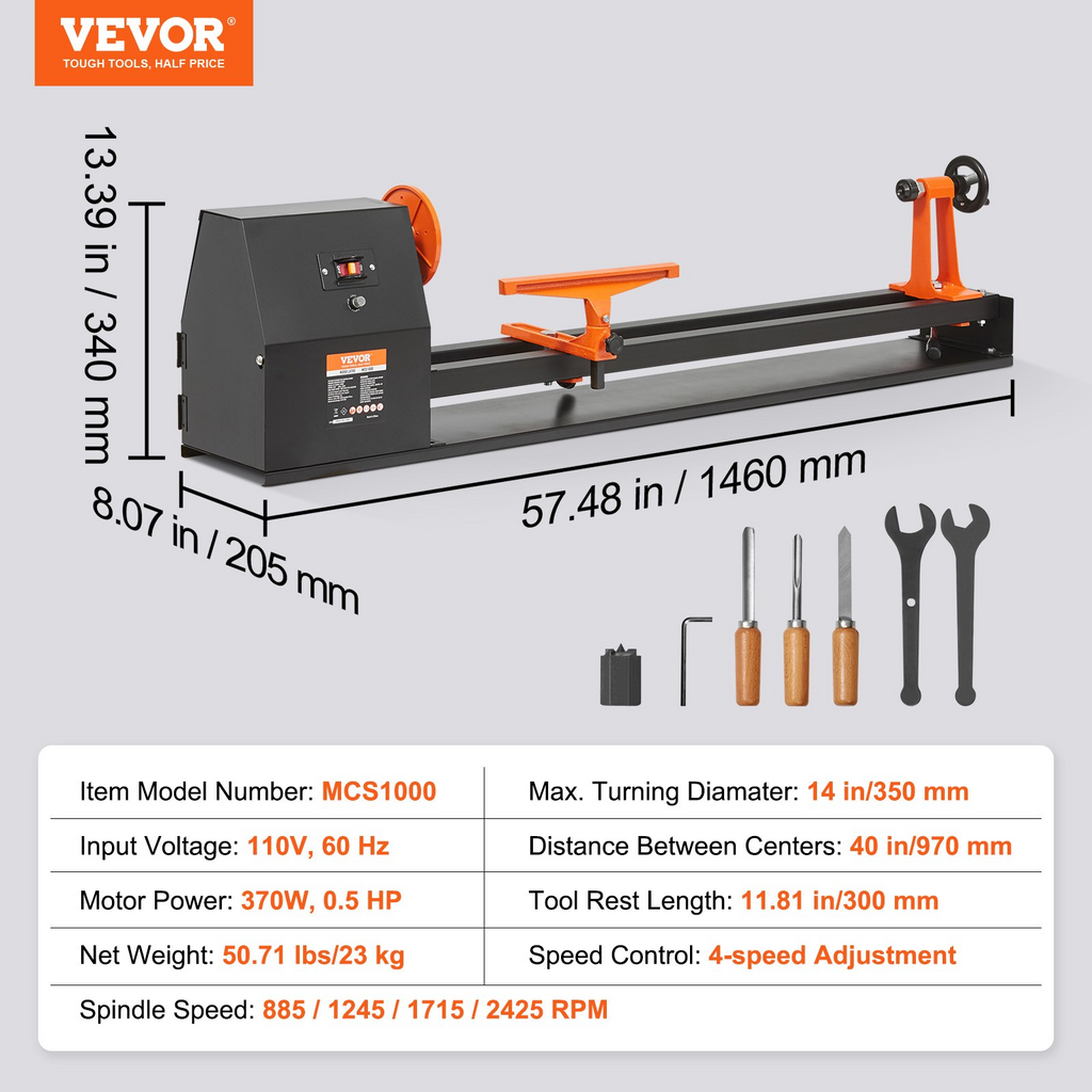 VEVOR Torno de madera de sobremesa 14 x 40 pulgadas 0,5 HP 370 W