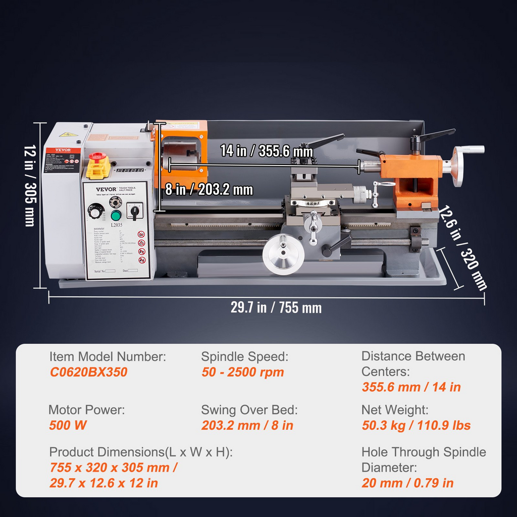 VEVOR Torno de metal de 7,87 x 13,78 pulgadas velocidad variable continua de 50 a 2500 RPM motor de escobillas de 500 W