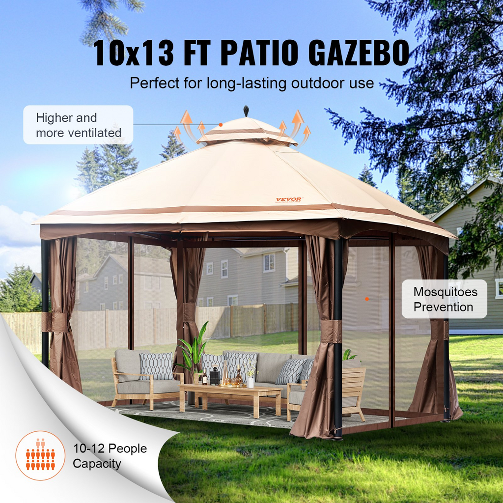 VEVOR Carpa de patio para 10-12 personas 10 x 13 pies con mosquitero estructura de metal y poliéster recubierto de PU de 180 G