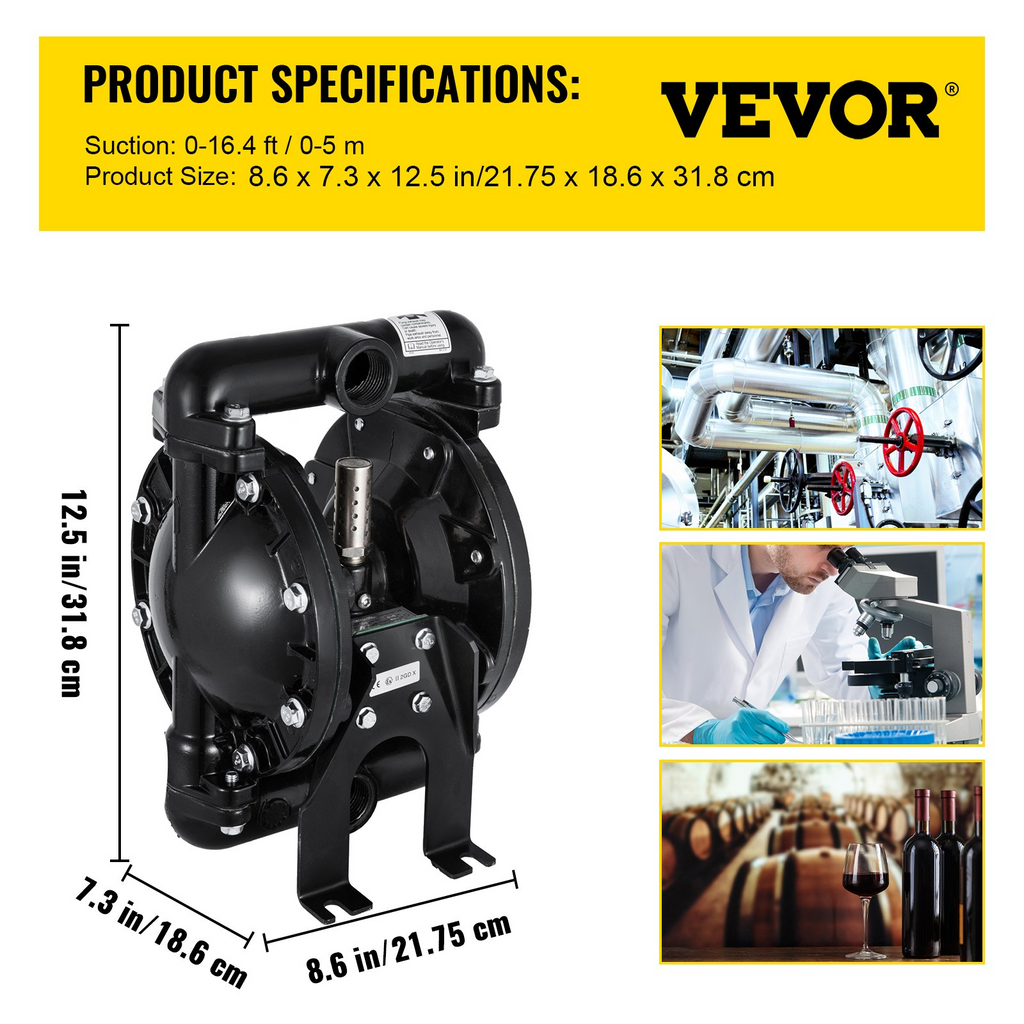 Bomba de diafragma doble operada por aire VEVOR, entrada y salida de 1 pulgada, aluminio, 35 GPM, máx. 120 PSI, diafragma de nitrilo, QBY4-25L-1inch-35