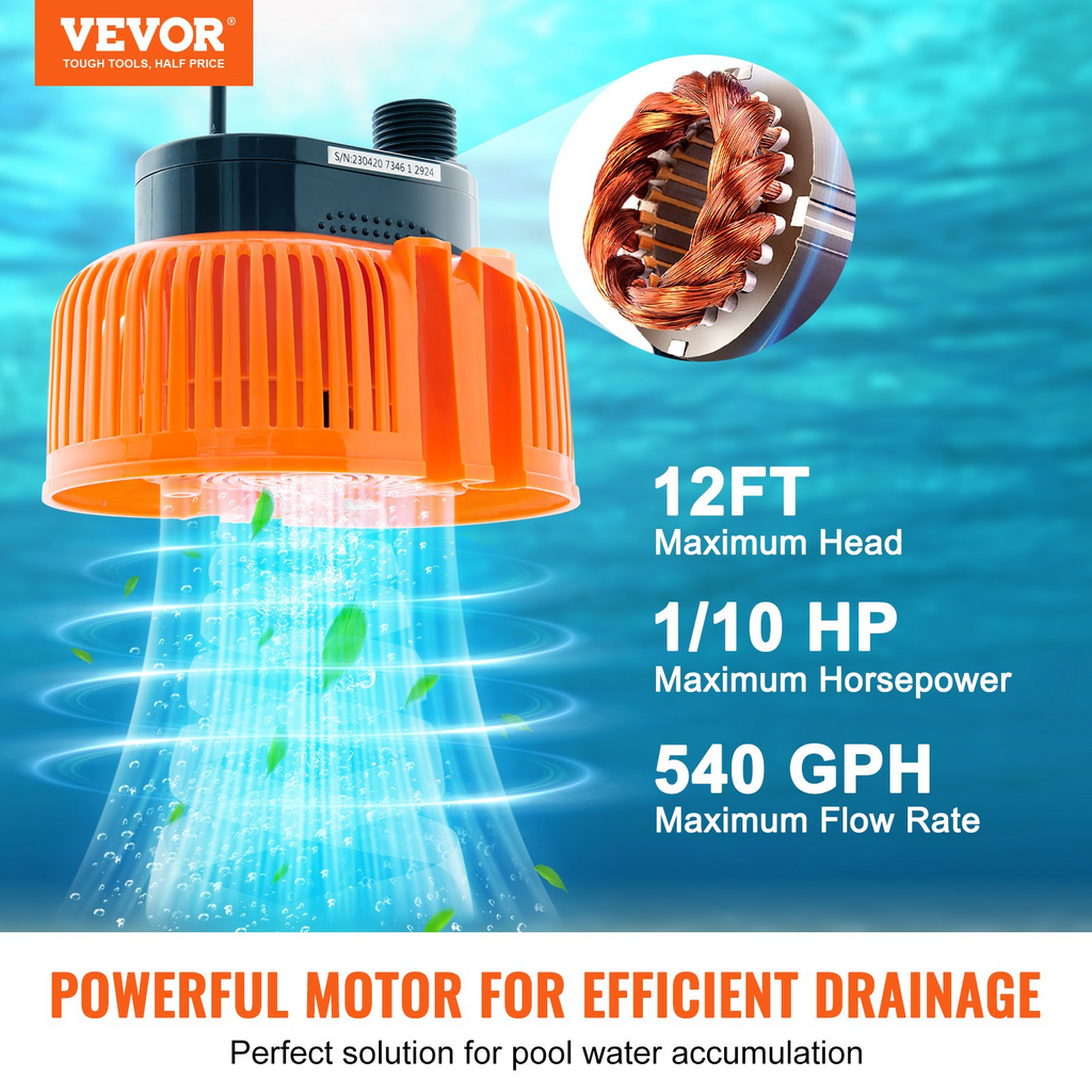 Bomba automática para cubierta de piscina VEVOR 1/10 HP 75 W 540 GPH 120 V manguera de drenaje de 16 pies y cable de alimentación de 25 pies