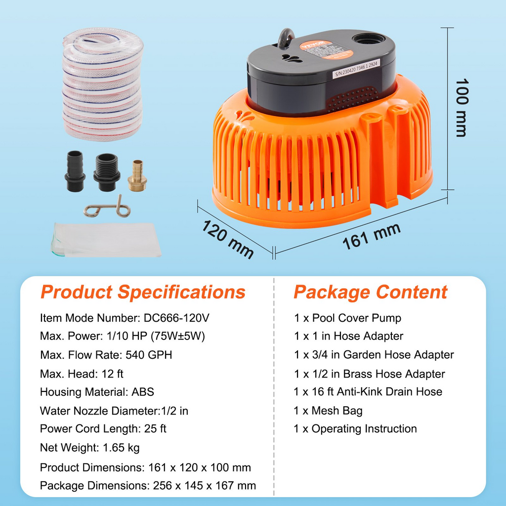 Bomba automática para cubierta de piscina VEVOR 1/10 HP 75 W 540 GPH 120 V manguera de drenaje de 16 pies y cable de alimentación de 25 pies