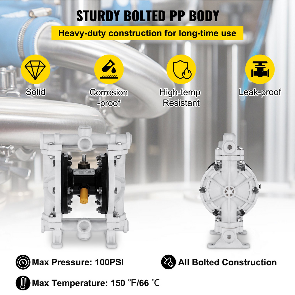 Bomba de diafragma doble operada por aire VEVOR, entrada y salida de 1/2 pulg., cuerpo de polipropileno, 13,2 GPM y máx. 120 PSI, bomba de transferencia neumática con diafragma de PTFE para petróleo, diésel,