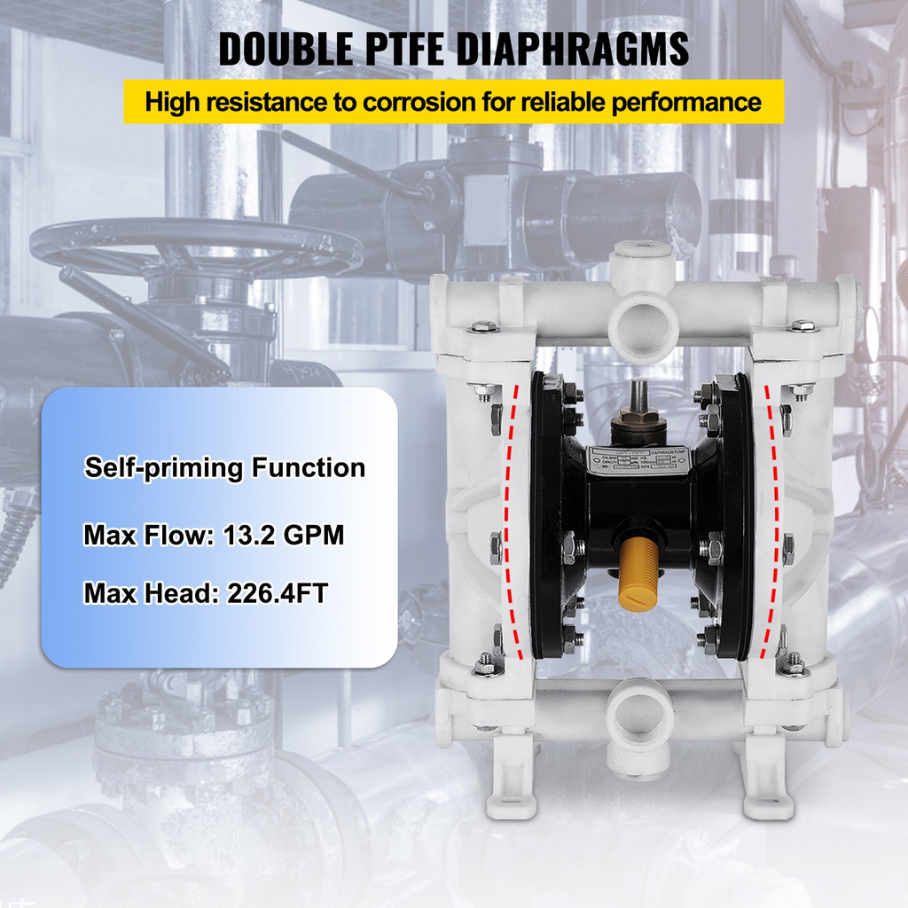 Bomba de diafragma doble operada por aire VEVOR, entrada y salida de 1/2 pulg., cuerpo de polipropileno, 13,2 GPM y máx. 120 PSI, bomba de transferencia neumática con diafragma de PTFE para petróleo, diésel,