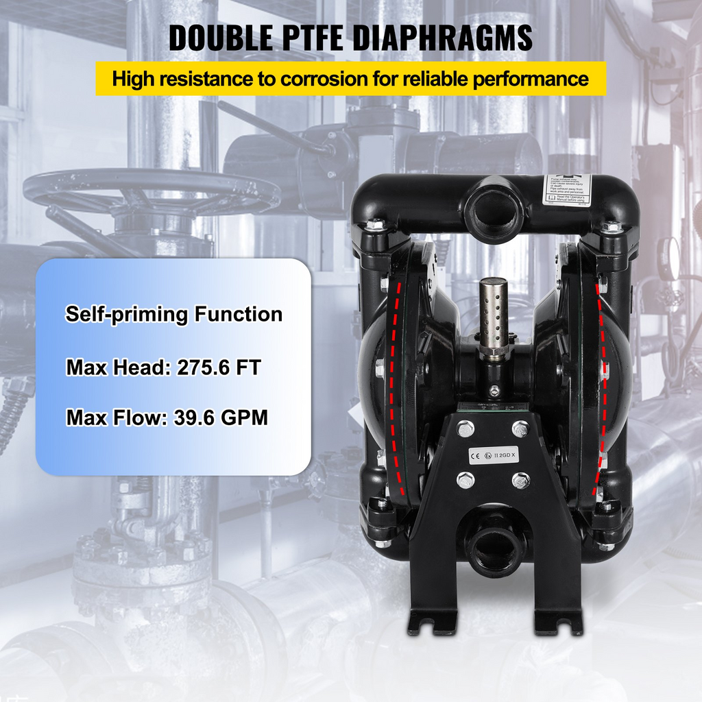 Bomba de diafragma doble accionada por aire VEVOR, entrada y salida de 1 pulgada, aluminio, 35 GPM, máx. 120 PSI, para uso industrial, QBY4-25LF46-1inch-35