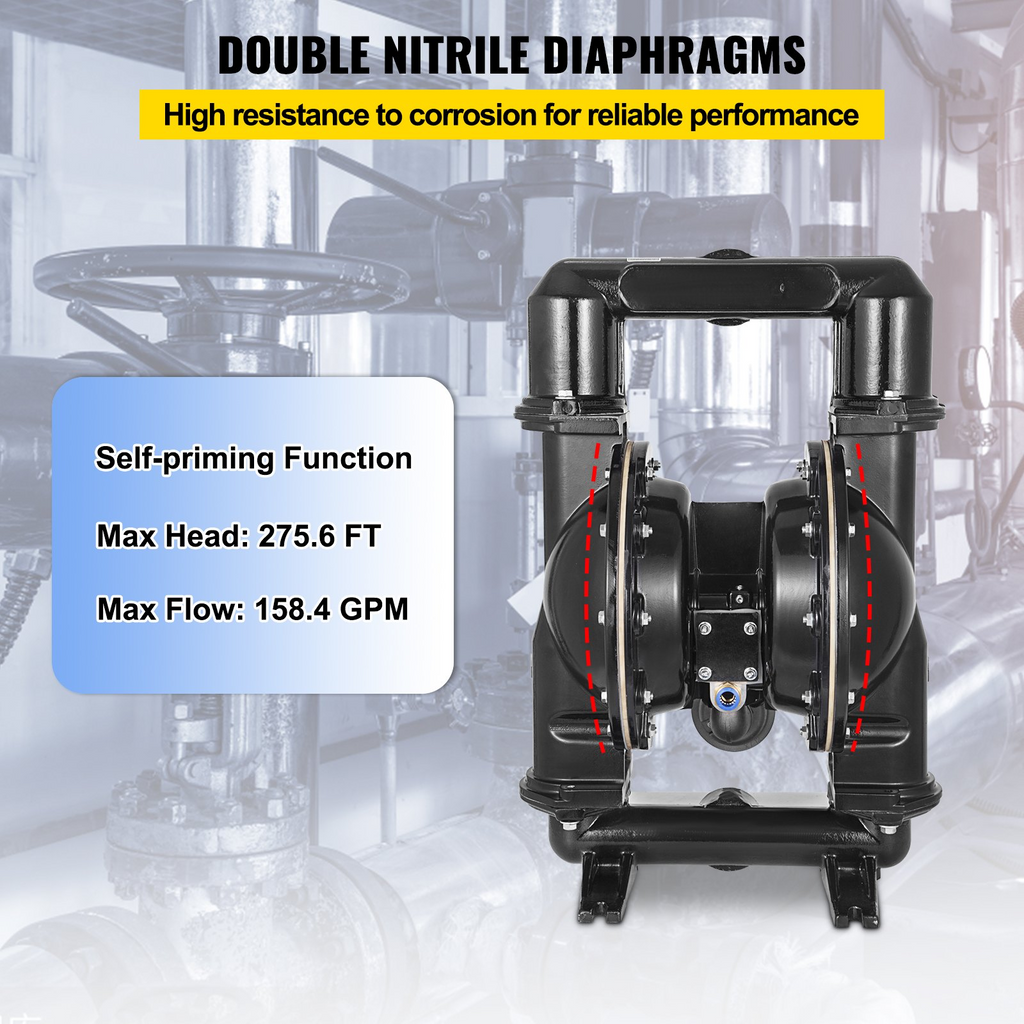 Bomba de diafragma doble operada por aire VEVOR, entrada y salida de 2 pulgadas, cuerpo de aleación de aluminio, 75 GPM y máx. 120 PSI, bomba de transferencia de diafragma de nitrilo para petróleo, diésel