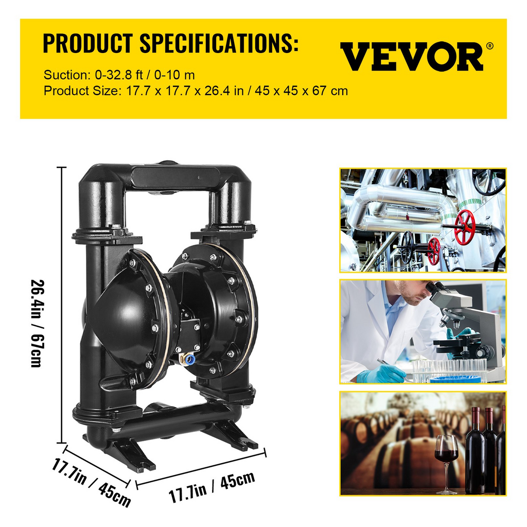 Bomba de diafragma doble operada por aire VEVOR, entrada y salida de 2 pulgadas, cuerpo de aleación de aluminio, 75 GPM y máx. 120 PSI, bomba de transferencia de diafragma de nitrilo para petróleo, diésel