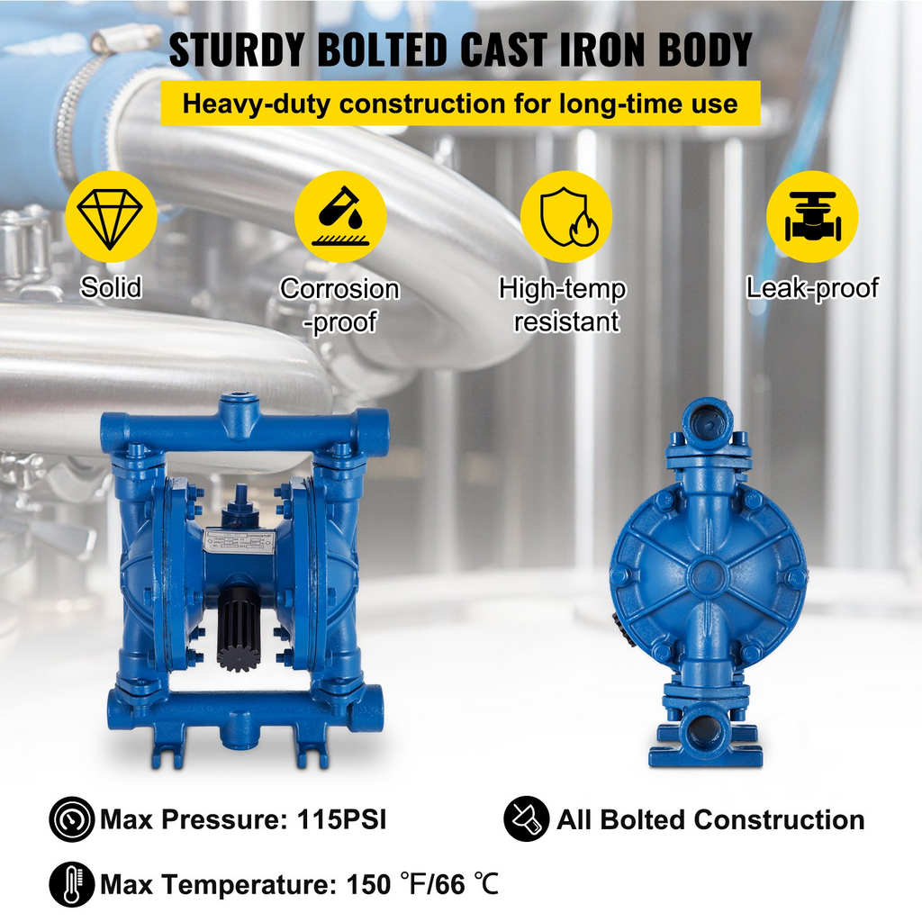 Bomba de diafragma doble operada por aire VEVOR, entrada y salida de 1/2 pulg., cuerpo de hierro fundido, 3 GPM y máx. 90 PSI, bomba de transferencia neumática con diafragma de nitrilo para petróleo, diésel, aceite y fluidos de baja viscosidad