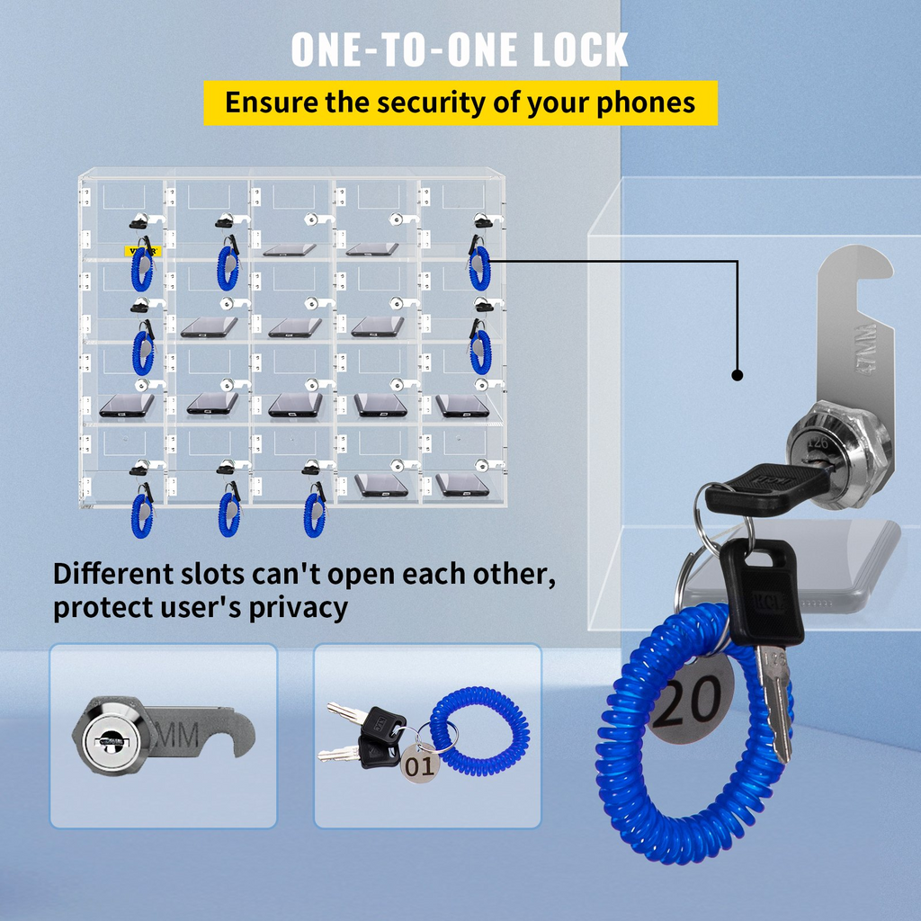 VEVOR Armario de almacenamiento para teléfono móvil 20 compartimentos de material acrílico con cerraduras y llaves