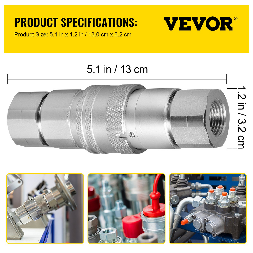 Acoplamiento hidráulico de conexión rápida para minicargadoras VEVOR cuerpo 1/2" NPT 1/2" de 2 pares acoplador de 27.6 MPa (ISO 16028)