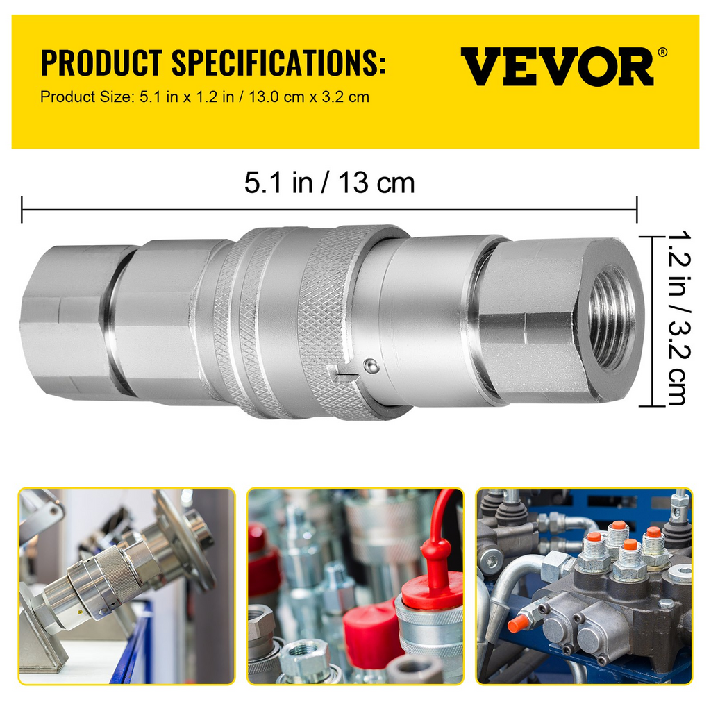 Acopladores hidráulicos cara esférica VEVOR cuerpo 1/2" rosca NPT 1/2" conexión rápida para minicargadoras accesorios 4061 PSI 2 juegos con tapas antipolvo para caja Bobcat Kubota