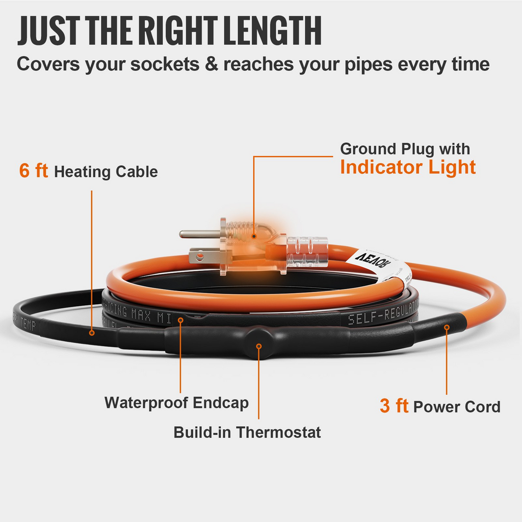 Cable calefactor autorregulable VEVOR de 6 pies y 5 W/pie protección contra congelamiento de tuberías protege mangueras de PVC 120 V