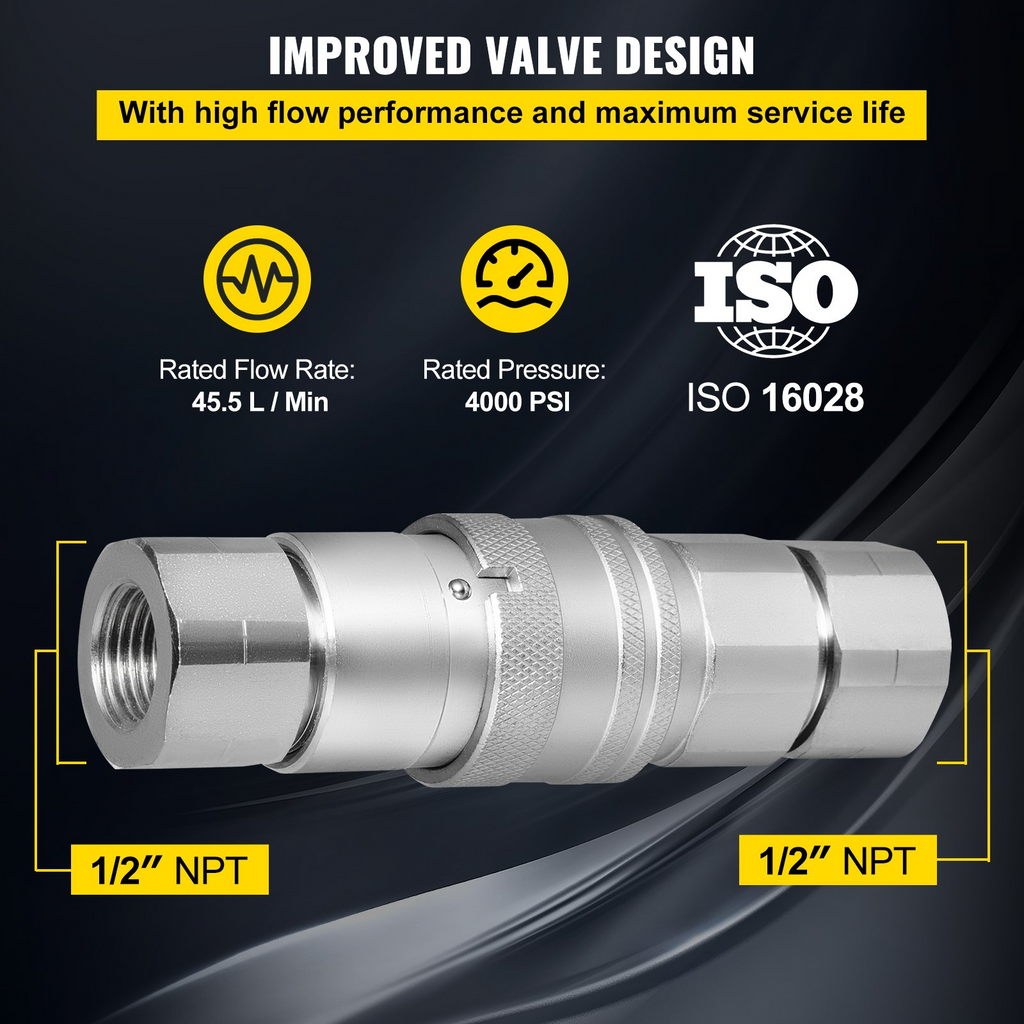 Acoplamiento hidráulico de conexión rápida para minicargadoras VEVOR cuerpo de 1/2" NPT de 1/2" 2 pares acoplador rápido hidráulico de 27.6 MPa (ISO 16028)