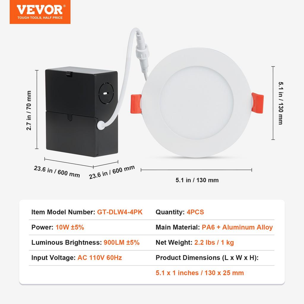 VEVOR 10W LED Lámpara de techo empotrada paquete de 4 luz de techo ultradelgada sin cubierta de 900 LM