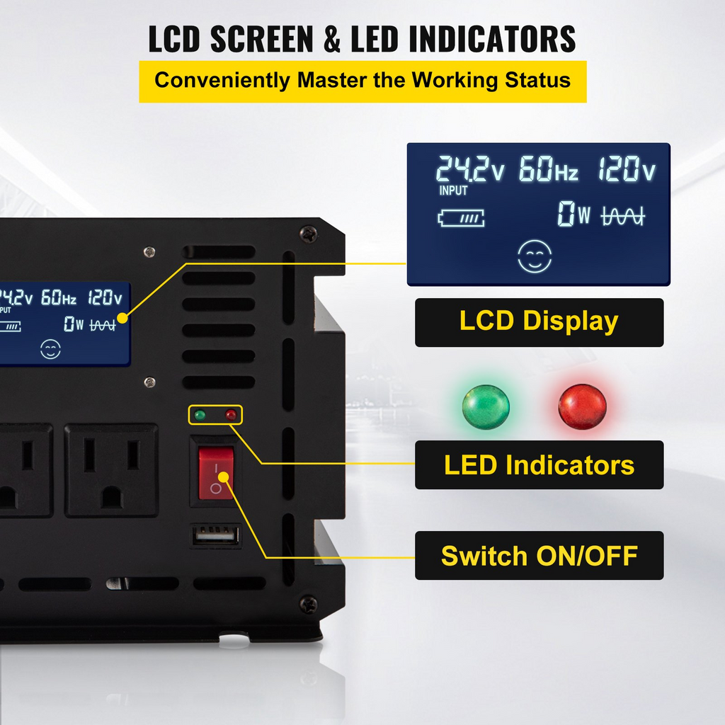 Inversor de corriente VEVOR de 2000 W convertidor de CC de 24 V a CA de 120 V para automóvil