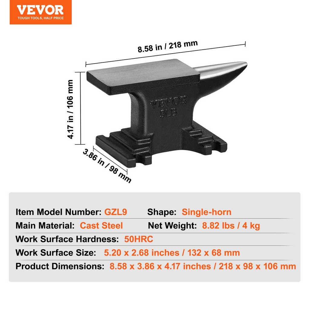 Yunque de un solo cuerno VEVOR de 8,8 libras con diseño compacto y base estable para herrero