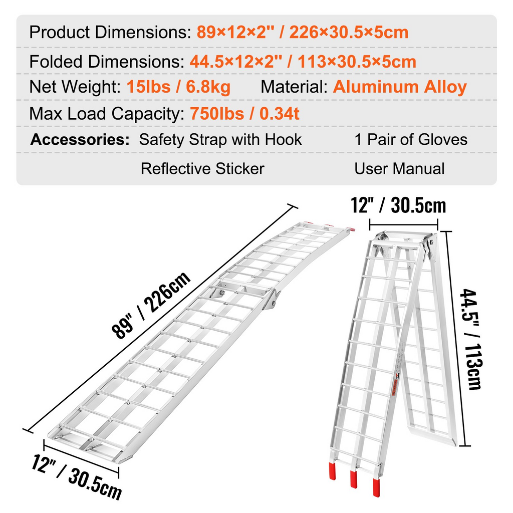 Rampas para motocicletas VEVOR plegables de 750 libras 89" de largo x 12" de ancho, 1 pieza