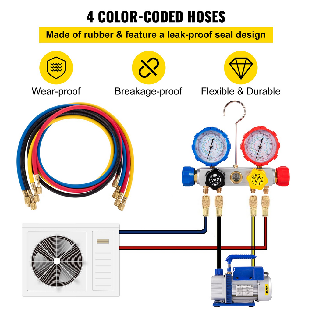 Bomba de vacío VEVOR 4.8CFM 1/3 HP Kit de refrigeración de aire acondicionado HVAC de una etapa 5PA Juego de manómetro de colector de vacío definitivo R410A R134A R22 HVAC AC,