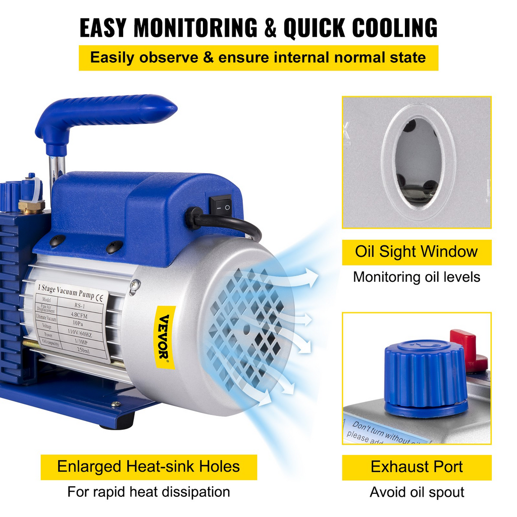 Bomba de vacío VEVOR 4.8CFM 1/3 HP Kit de refrigeración de aire acondicionado HVAC de una etapa 5PA Juego de manómetro de colector de vacío definitivo R410A R134A R22 HVAC AC,