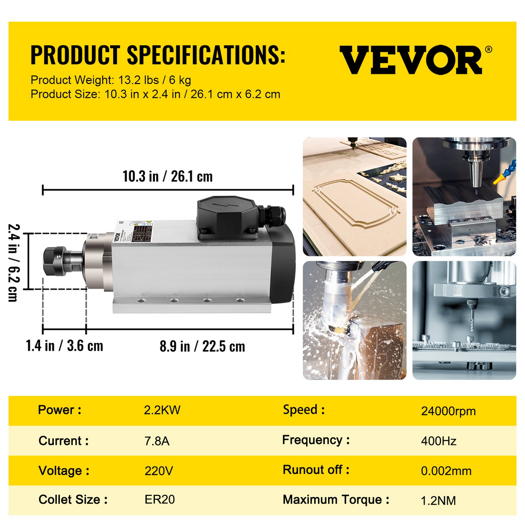 Motor de husillo refrigerado por aire VEVOR 2,2 KW motor de husillo CNC 220 V  24 000 RPM 400 Hz