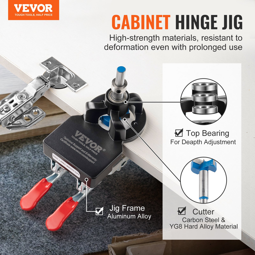 VEVOR 35 mm Concealed Door Hinge Jig, Aluminum Alloy Cabinet Hinge Jig, Accurate Locking Dual Clamp Fixation Hinge Drill Jig with Accessories, Woodworking Tool for Doors Cabinets Hinges Mounting