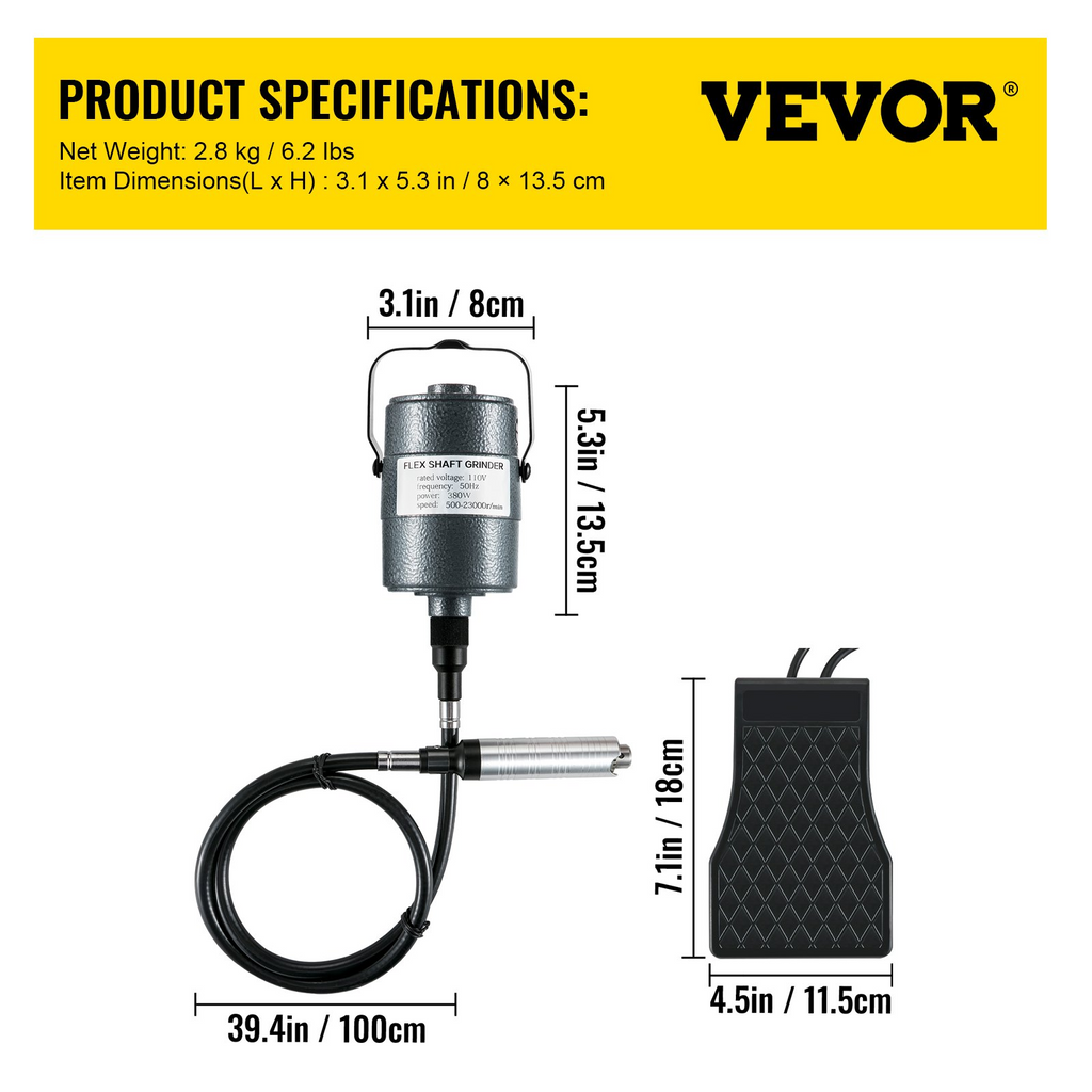 Amoladora de eje flexible VEVOR, herramienta rotativa de 380 W, 500-23 000 RPM, talladora rotativa con mandril de 3 mordazas de 1/4"