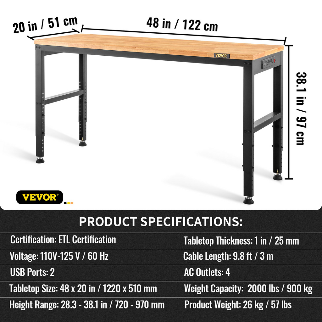 Banco de trabajo VEVOR de altura ajustable 48" de largo x 20" de ancho x 38,1"  capacidad de carga de 2000 libras