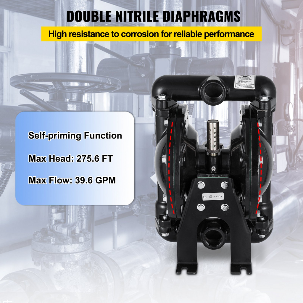 Bomba de diafragma doble operada por aire VEVOR, entrada y salida de 1 pulgada, aluminio, 35 GPM, máx. 120 PSI, diafragma de nitrilo, QBY4-25L-1inch-35